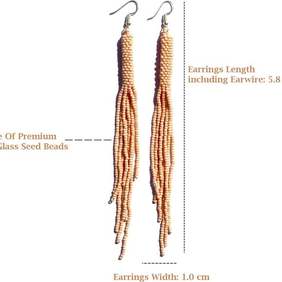 Long Beaded Dangle Earrings – Boho Native Handmade Seed Bead Tassel Bohemian Lar - Picture 3 of 4